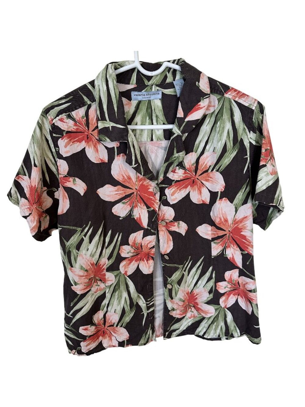 Valerie Stevens Casual XL 100% Silk Black Hawaiian Floral Button-Up Short Sleeve